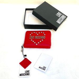 NIB Love Moschino leather studded  zip around Romantic girl Red wallet